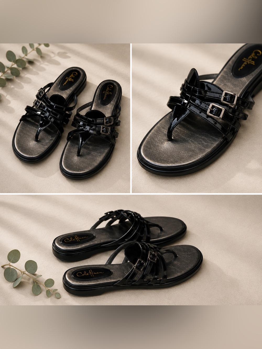 Cole Haan Black Patent Leather Metallic Footbed Strappy Buckle Sandals